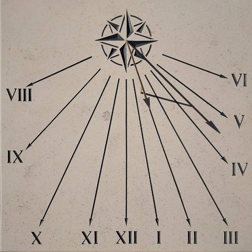 Réalisation d’un cadran solaire avec une rose des vents et gravure des heures en chiffres Romain sur une pierre de Bourgogne.