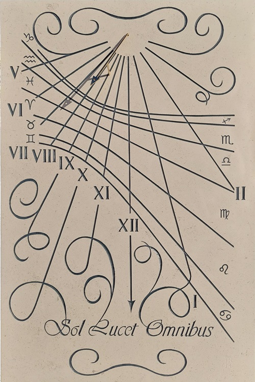Réalisation d’un cadran solaire en pierre, avec chiffres Romain, signes Astrologiques et devise Sol Lucet Omnibus (le soleil brille pour tous le monde).